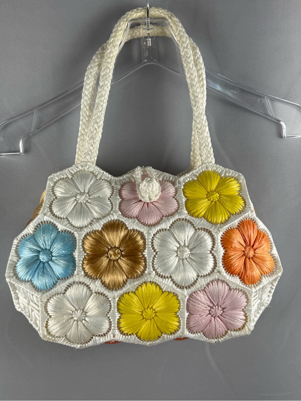 Vintage Raffia Flower Handbag Pastel Floral Straw Purse Cottagecore - Picture 6 of 9
